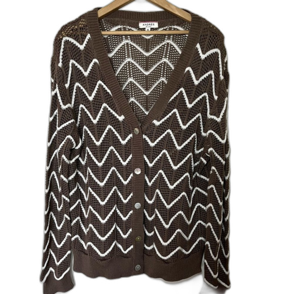 Andree by Unit Women’s Plus V-Neck Cardigan Loose Weave Chevron Stripe Brown 1X - Picture 1 of 7